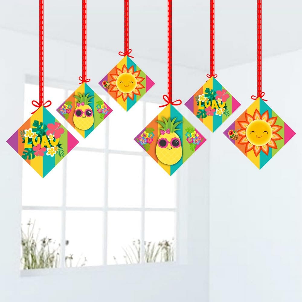 Balloonistics Hawaii Luau Theme Happy Birthday Hanging Decorations (Pack of 12) - Double-Sided Tropical Hibiscus & Pineapple Cutouts - Premium Cardstock Aloha Party Decor with Ribbons Included (Hangings - Pack of 12)