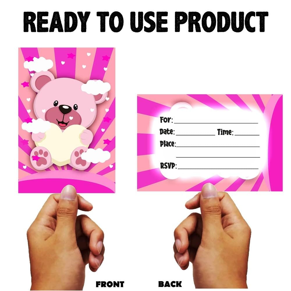 Balloonistics Pink Teddy Bear Happy Birthday Invitations - Pack of 10 Premium Cardstock Invite Cards - Sweet Bear Theme Girl's 1st Birthday Party Supplies, "Beary Sweet" Floral Birthday Invites (Invite Cards - Pack of 10) thumbnail 4