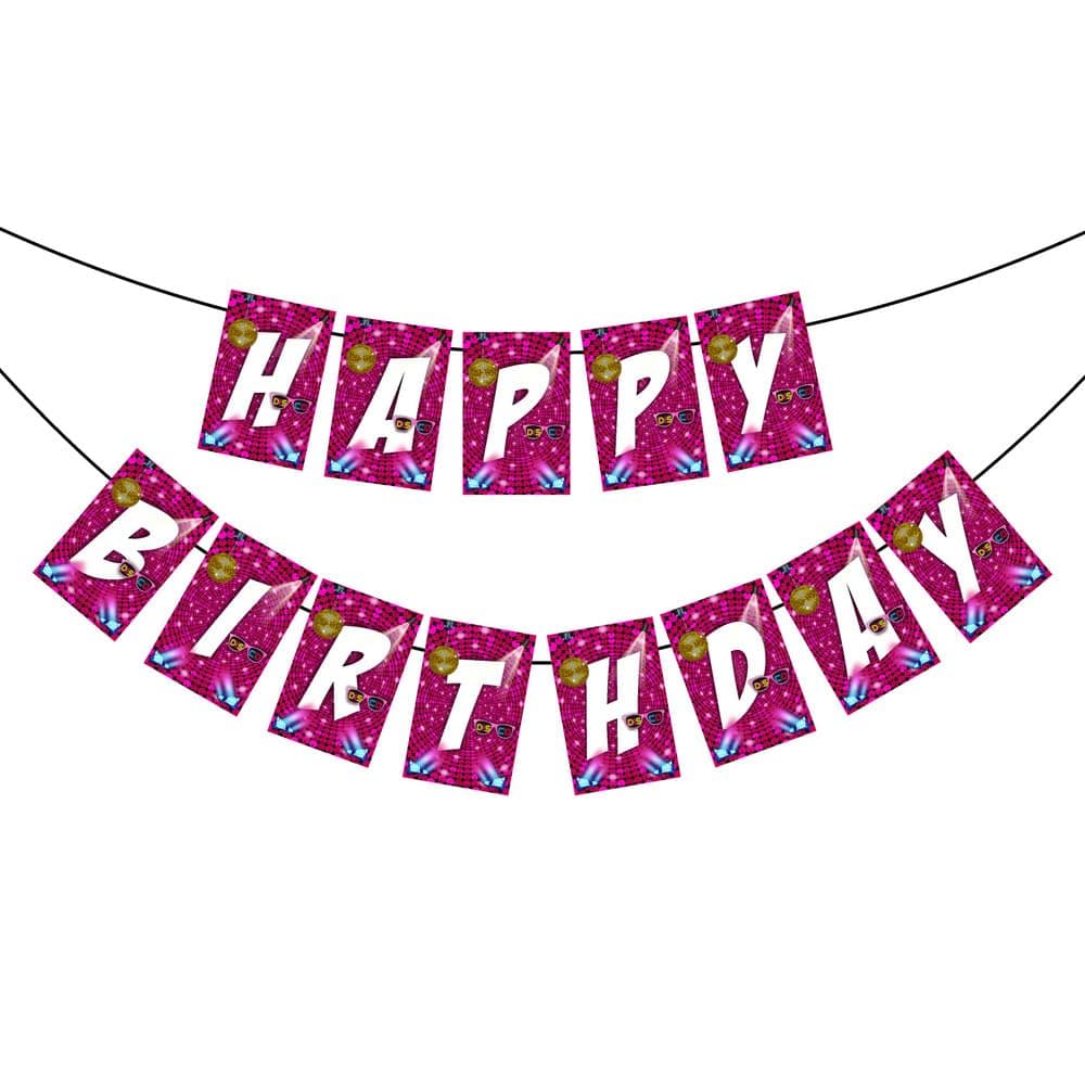 Balloonistics Disco Theme Happy Birthday Banner - 70s Retro Disco Ball Cardstock Bunting for Kids & Adults - Saturday Night Fever & Groovy Dance Party Supplies, Neon Backdrop Decor thumbnail 2