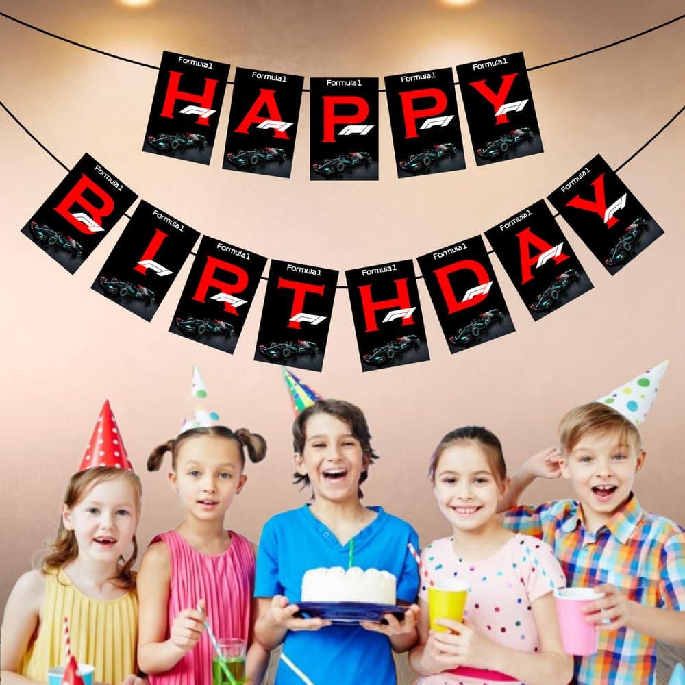 Balloonistics Formula 1 Theme Happy Birthday Banner Racing Theme Party Backdrop, Double-Sided Cardstock with Ribbon Decorations for Kids (Happy Birthday Banner) thumbnail 3