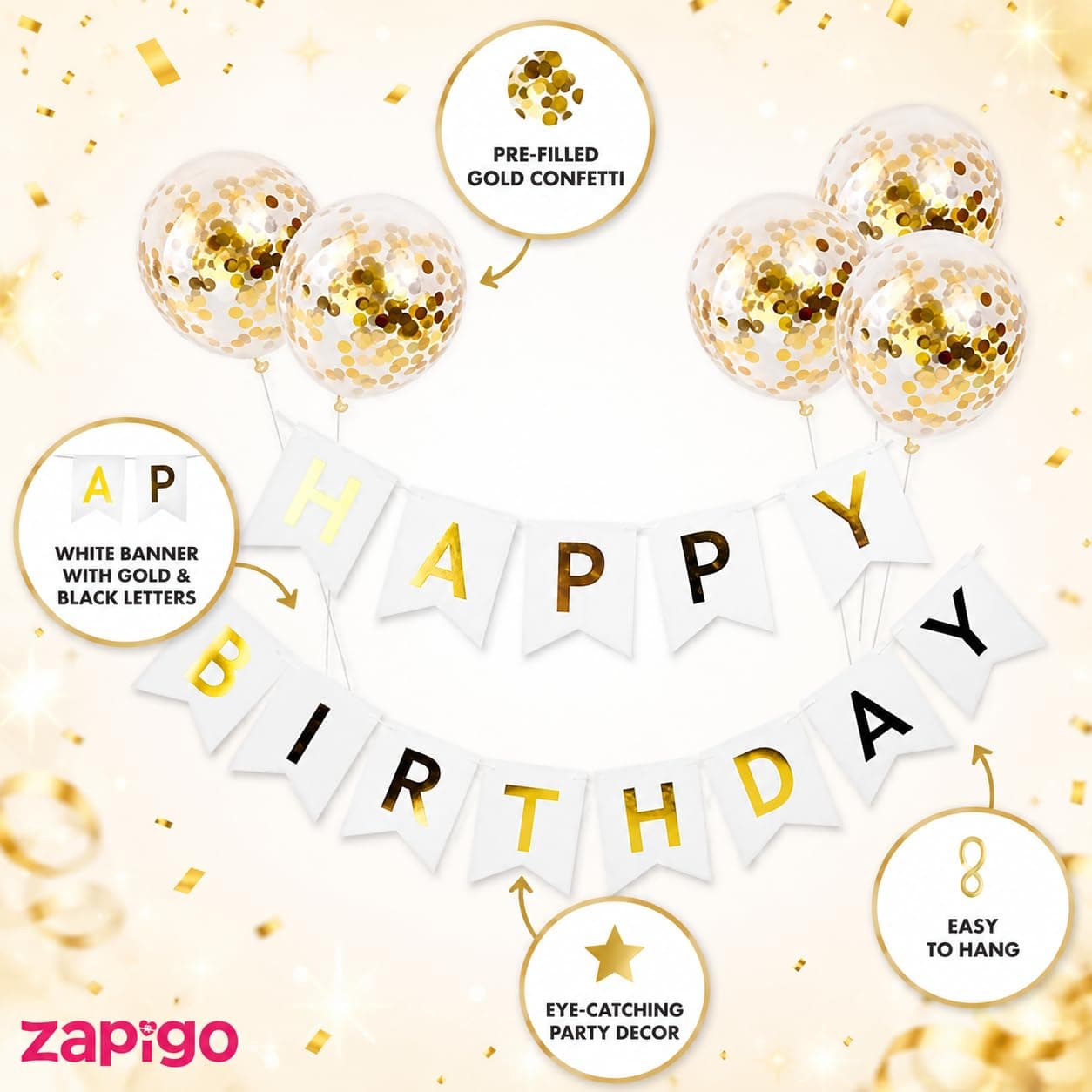 Balloonistics Gold Confetti Balloons with White Happy Birthday Banner Combo – Pre-Filled Confetti Latex Balloons & Birthday Banner Party Decoration Set thumbnail 5