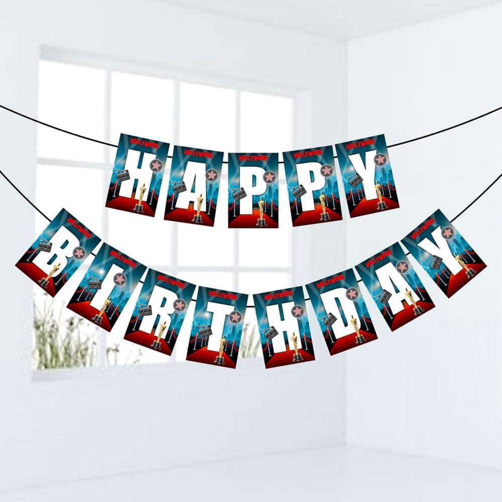 Balloonistics Hollywood Theme Happy Birthday Banner - Large Gold & Black Cardstock Bunting for Red Carpet VIP Parties - Movie Night, Awards Ceremony & Cinema Backdrop Decorations (Happy Birthday Banner) thumbnail 1