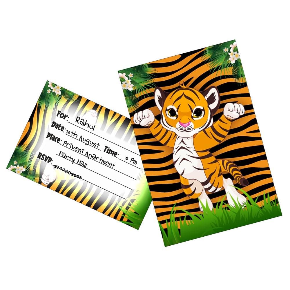 Balloonistics Tiger Theme Birthday Invitations - Pack of 10 Premium Matte Fill-In Cards - Jungle Safari & Wild One Party Invites with Matching Envelopes - Double-Sided Cardstock Tiger Face Stationery (Invite Cards - Pack of 10) thumbnail 1