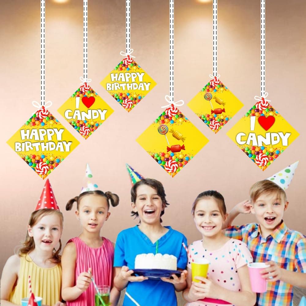 Balloonistics Candy Theme Happy Birthday Hanging Decorations - Pack of 12 Double-Sided Cardstock Swirls & Cutouts - Sweet One, Candyland, and Lollipop Party Supplies, Includes Ribbons & Hooks (Hangings - Pack of 12) thumbnail 4