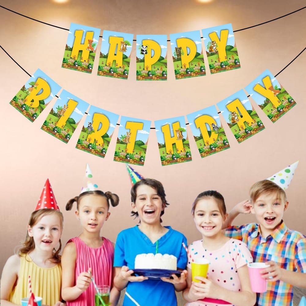 Balloonistics Zoo Theme Happy Birthday Banner - Large Cardstock "Wild One" Bunting with Lion, Giraffe & Monkey Designs - Jungle Safari & Animal Kingdom Party Decorations (Happy Birthday Banner) thumbnail 3