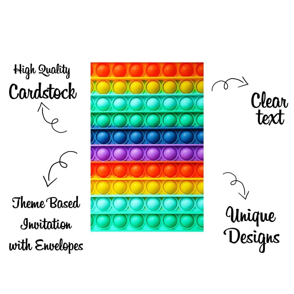 Balloonistics Pop It Theme Birthday Invitation Cards - Pack of 10 Double-Sided Cardstock Invites - Vibrant Fidget Toy Party Invitations with Fill-in Details for Kids, Toddlers & Sensory Theme Parties (Invite Cards - Pack of 10) thumbnail 5