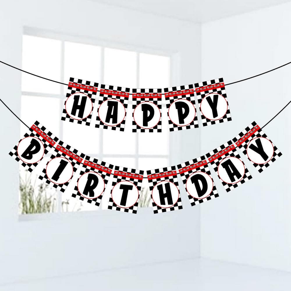 Balloonistics Racing Theme Happy Birthday Banner Checkered Flag Party Decorations Premium Cardstock Birthday Backdrop for Kids (Happy Birthday Banner) thumbnail 2