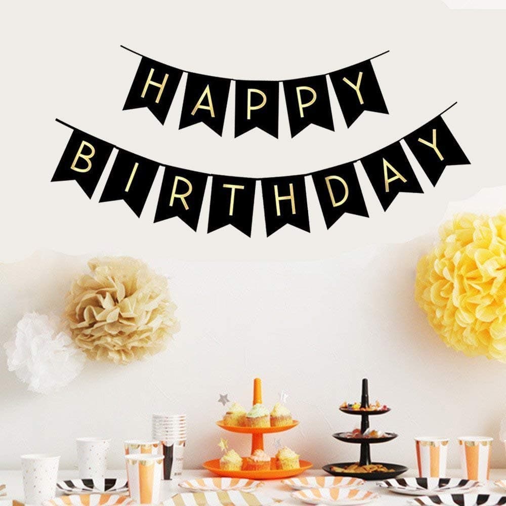 Balloonistics Happy Birthday Banner – Black & Gold Cardboard Bunting for Elegant Adult Birthday, Milestone Celebration & Sophisticated Party Decoration thumbnail 1