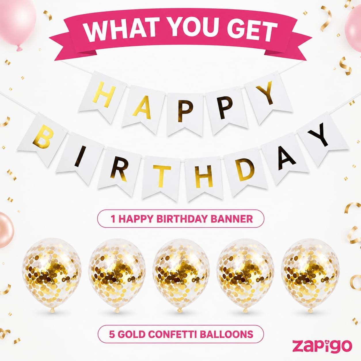 Balloonistics Gold Confetti Balloons with White Happy Birthday Banner Combo – Pre-Filled Confetti Latex Balloons & Birthday Banner Party Decoration Set thumbnail 7