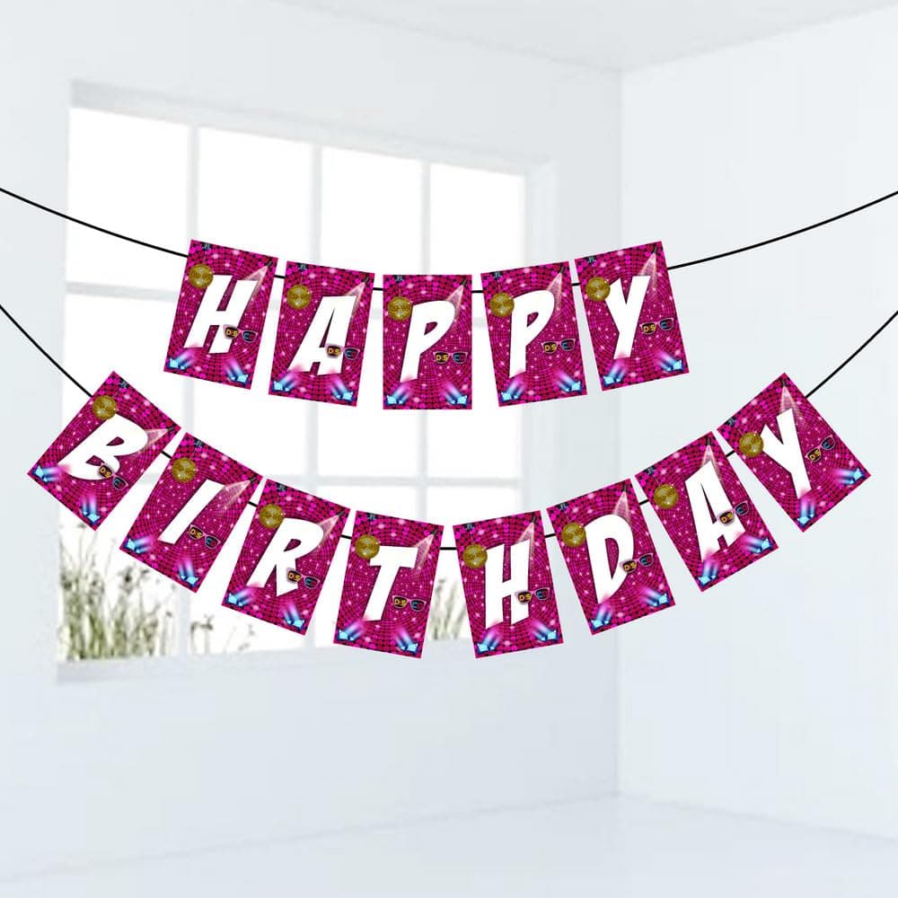 Balloonistics Disco Theme Happy Birthday Banner - 70s Retro Disco Ball Cardstock Bunting for Kids & Adults - Saturday Night Fever & Groovy Dance Party Supplies, Neon Backdrop Decor thumbnail 1