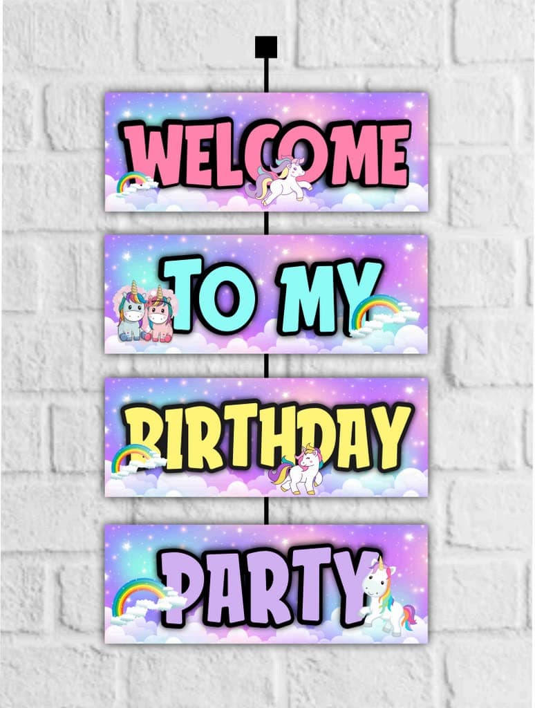 Balloonistics Unicorn Theme Welcome Board 2.3 Feet Birthday Sign Durable Cardstock Door Hanger for Indoor & Outdoor Decor Includes Ribbon (Welcome Outdoor Board)