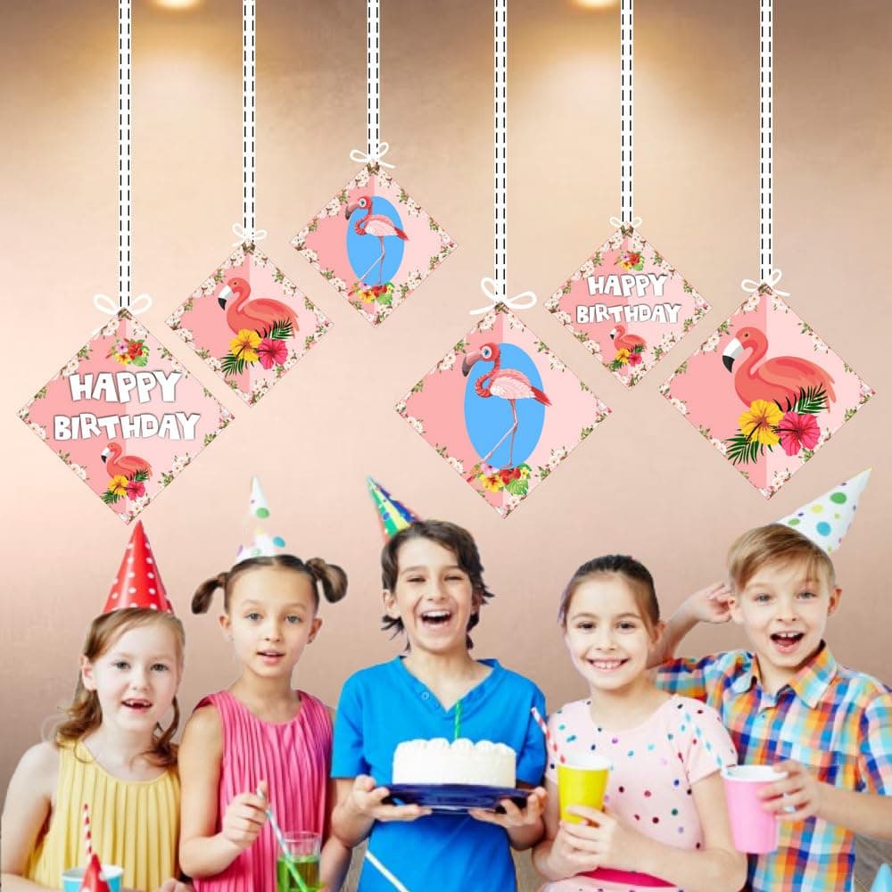 Balloonistics Flamingo Theme Hanging Decorations - Pack of 12 Tropical Luau Party Hangings - Premium Cardstock Pink Flamingo, Palm Leaf & Hibiscus Cutouts with Strings, Summer Birthday & Pool Party Decor (Hangings - Pack of 12) thumbnail 4