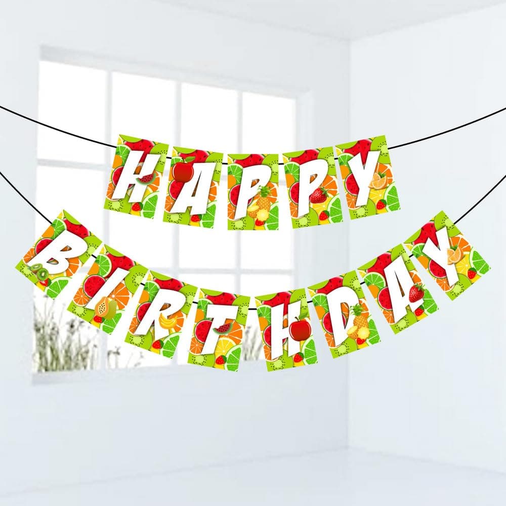 Balloonistics Fruit Theme Happy Birthday Banner - Premium Cardstock "Tutti Frutti" Bunting - Vibrant Summer Berry & Citrus Backdrop for Kids & "One-in-a-Melon" Parties - Includes Ribbon (Happy Birthday Banner) thumbnail 1
