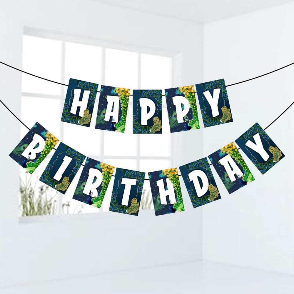 Peacock Theme Happy Birthday Banner - Majestic Teal & Gold Cardstock Bunting - Royal Indian Bird, Plumage & Floral Party Decorations, Elegant Garden Backdrop (Happy Birthday Banner)