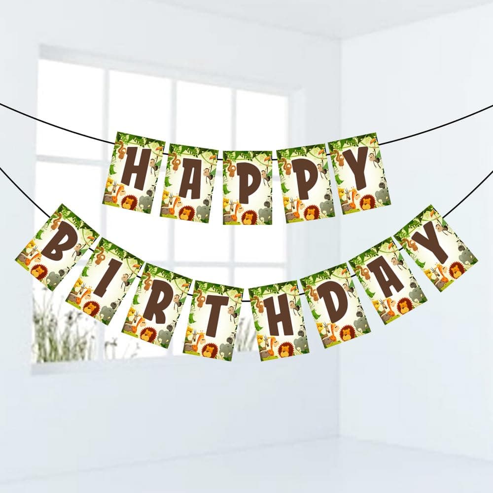 Balloonistics Jungle Animals Happy Birthday Banner Cardstock Birthday Decorations for Boys & Girls, Zoo Theme Party Backdrop (Happy Birthday Banner) thumbnail 1