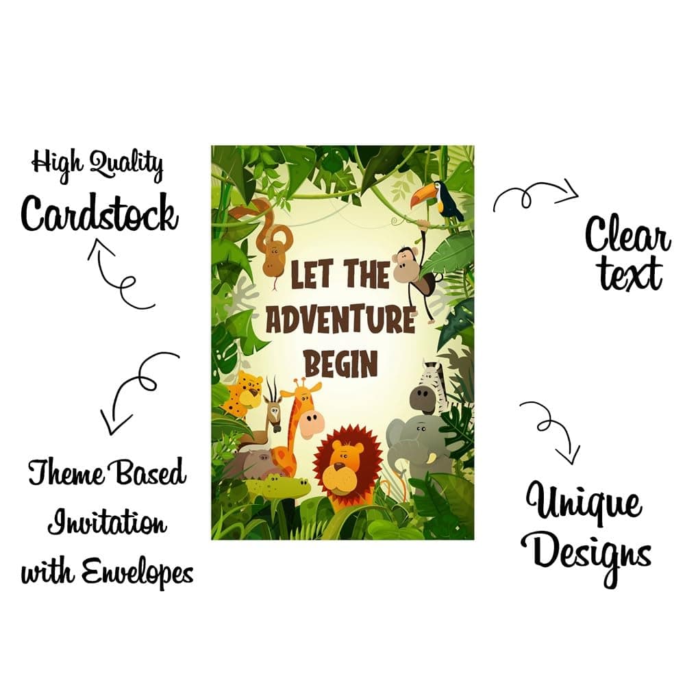 Balloonistics Jungle Animals Birthday Invitation Cards Double-Sided Cardstock Party Invites, Zoo, & Tropical Theme Birthday for Boys & Girls (Invite Cards - Pack of 10) thumbnail 5