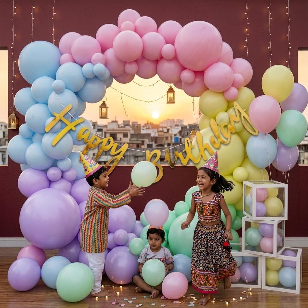 Balloonistics 54 Pcs Multicolour Pastel Balloon Garland Kit for Kids – Includes Hand Pump, Golden Happy Birthday Banner & Arch Strip thumbnail 2