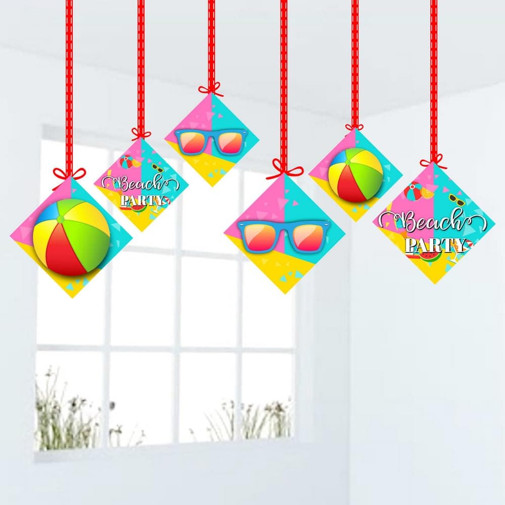 Balloonistics Beach Party Birthday Hanging Decorations - Pack of 12 Double-Sided Cardstock Swirls & Cutouts - Tropical Summer, Pool Side & Luau Theme Party Decor, Sun, Sand & Surf Ceiling Hangings (Hangings - Pack of 12)