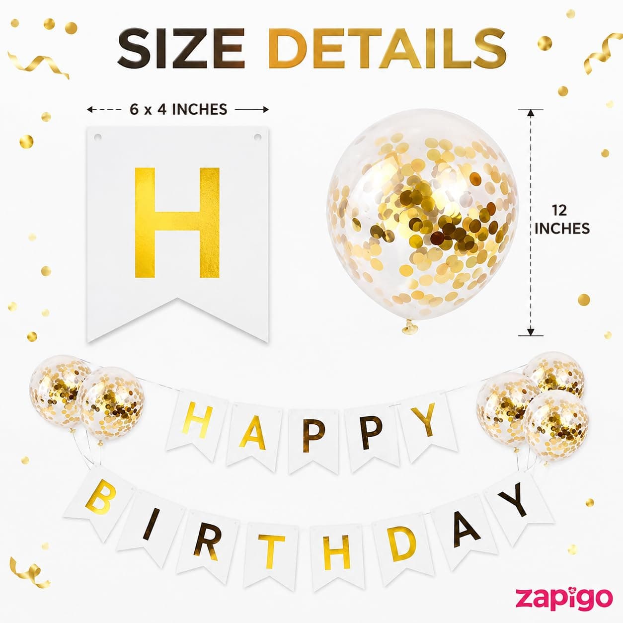 Balloonistics Gold Confetti Balloons with White Happy Birthday Banner Combo – Pre-Filled Confetti Latex Balloons & Birthday Banner Party Decoration Set thumbnail 3