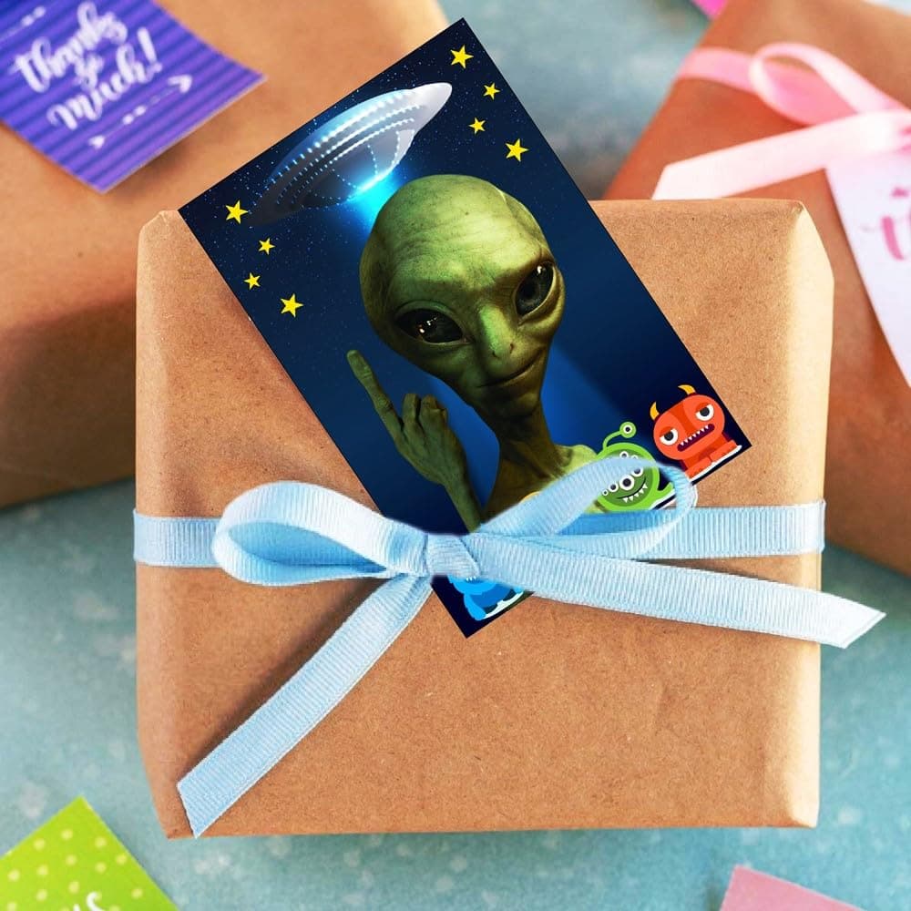 Balloonistics Aliens Theme Birthday Invitation Cards - Pack of 10 Out of This World Galaxy & Outer Space Invites with Envelopes - Double-Sided Cardstock Fill-in Invitations for Kids & Adults, UFO & Martian Party Supplies (Invite Cards - Pack of 10) thumbnail 3