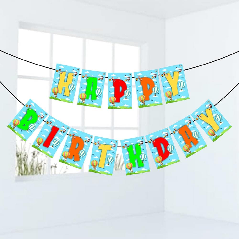 Balloonistics Hot Air Balloon Happy Birthday Banner - Whimsical Up & Away Party Bunting - Premium Cardstock Pastel Sky & Clouds Decoration with Ribbons, Adventure Awaits Birthday Backdrop (Happy Birthday Banner) thumbnail 1