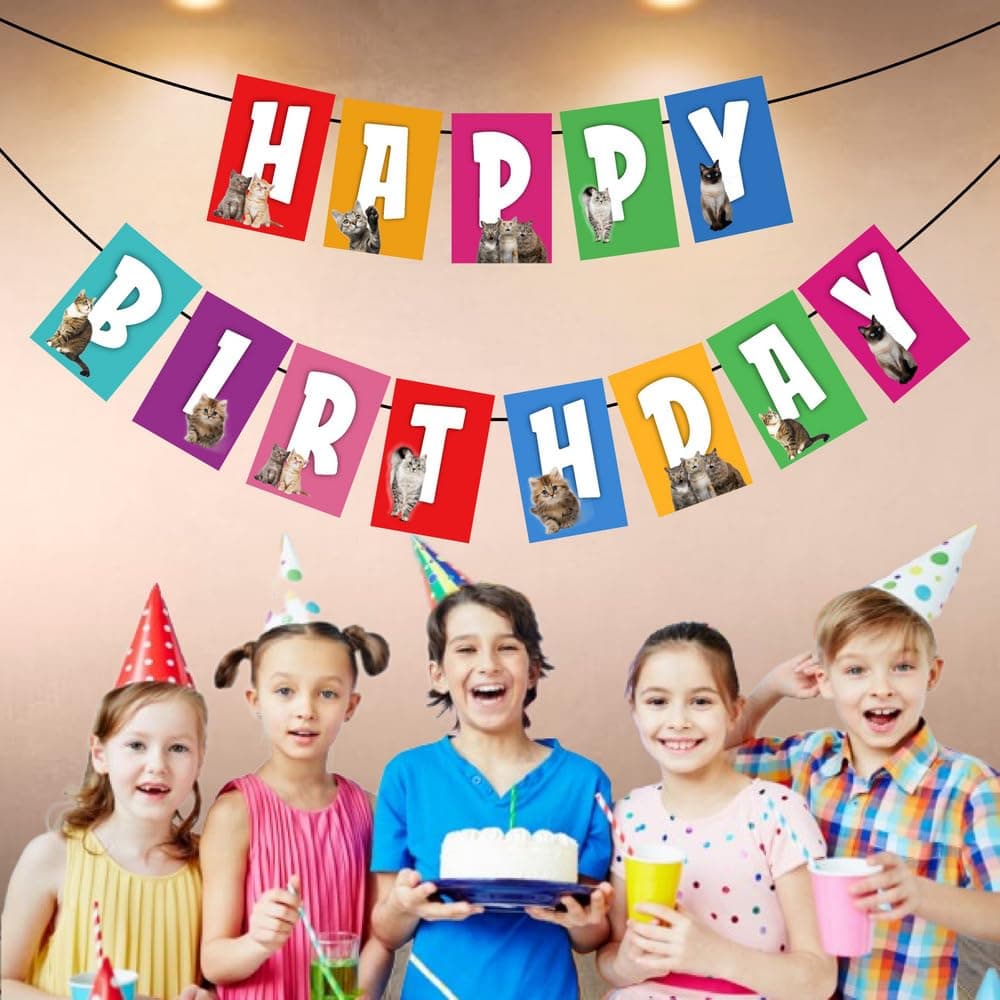 Balloonistics Cat Theme Happy Birthday Banner - "Meow" Kitten Party Bunting - Premium Cardstock Whiskers & Paw Prints Birthday Decoration with Ribbons, Cute Kitty Cat Feline Backdrop thumbnail 3