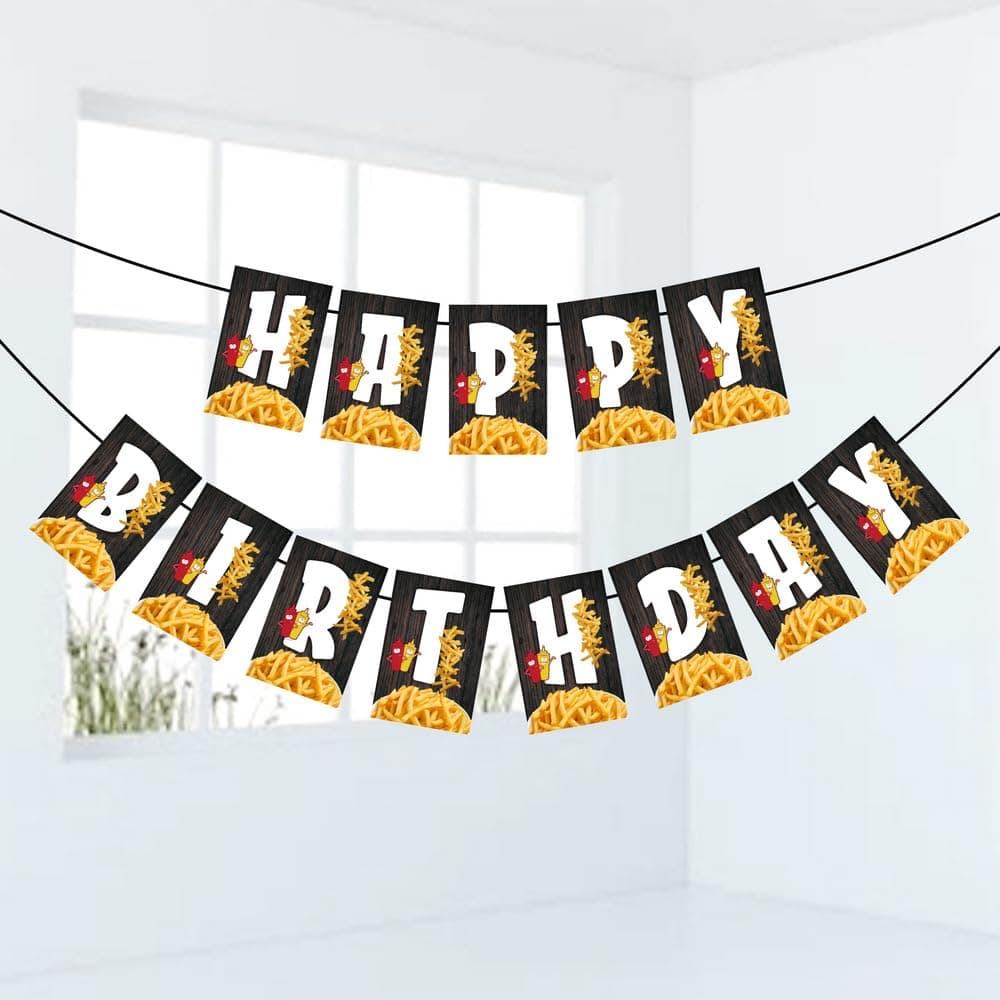 French Fries Theme Happy Birthday Banner - Fast Food & Fry-Day Cardstock Bunting for Kids & Adults - Salty & Sweet Junk Food Party Decorations, Burger & Fries Backdrop thumbnail 1
