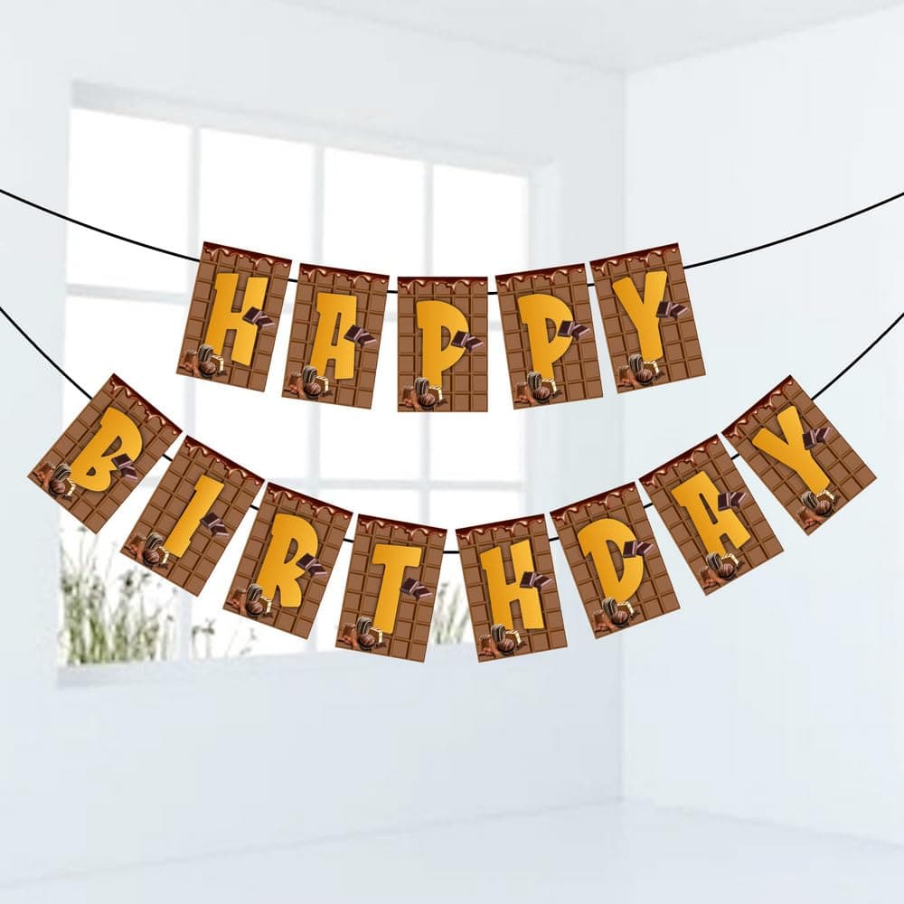 Balloonistics Chocolate Theme Happy Birthday Banner - Sweet Treats & Cocoa Cardstock Bunting for Kids and Adults - Candy Shop & Choco-Lover Party Supplies, Brown & Gold Backdrop thumbnail 1