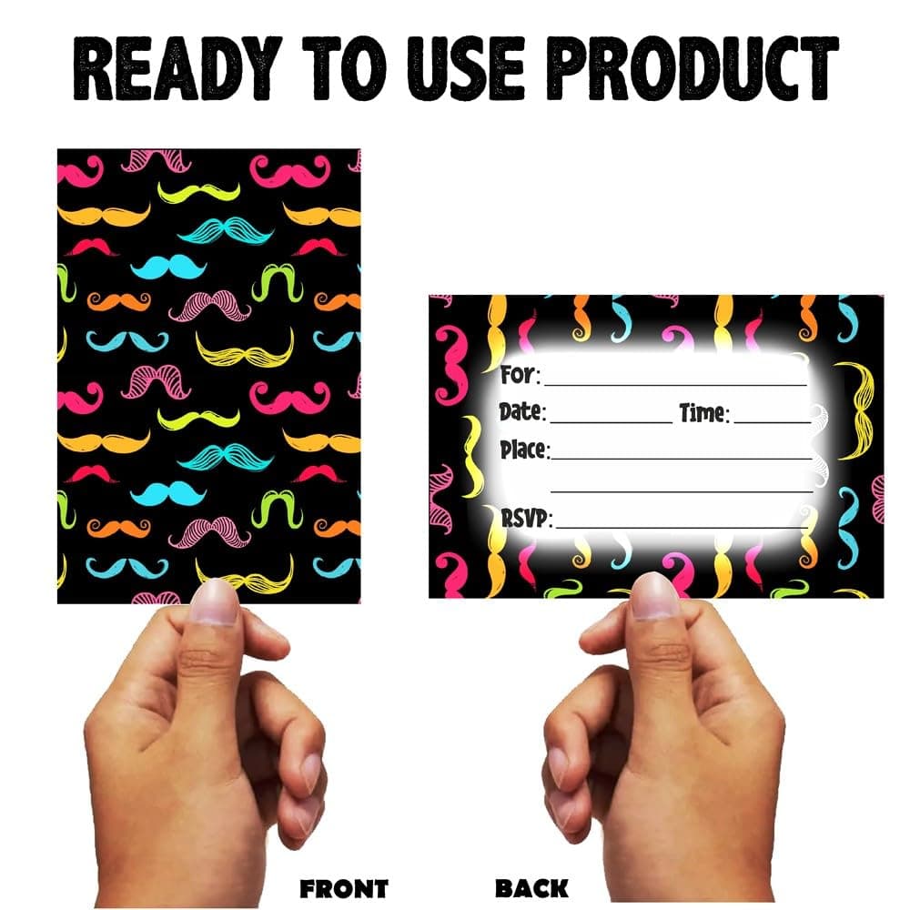 Balloonistics Mustache Theme Birthday- Pack of 10 Double-Sided Cardstock Invites - Dashing Gent & Moustache Bash Birthday Party Supplies, Premium Fill-in-the-Blank Stationery (Invite Cards - Pack of 10) thumbnail 4