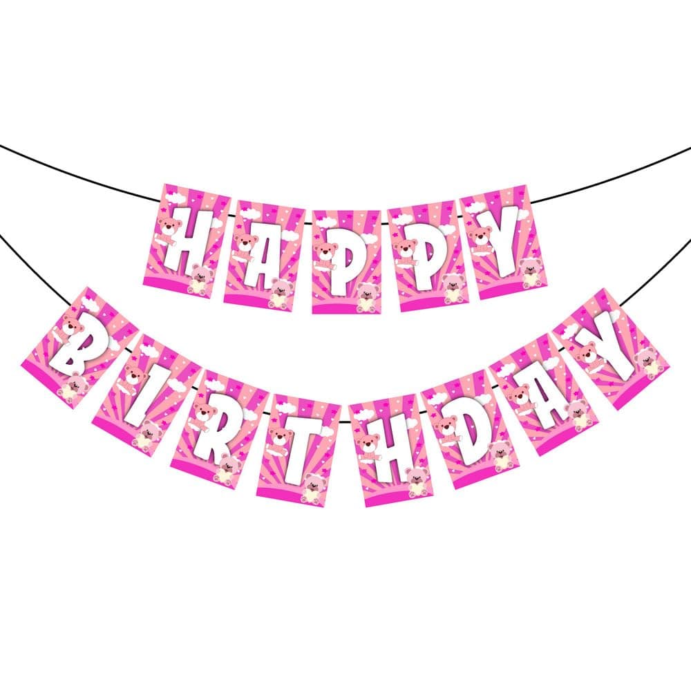 Balloonistics Pink Teddy Bear Happy Birthday Banner - Premium Cardstock Girl’s Birthday Party Bunting - Sweet Bear Theme Nursery Decor, "We Can Bearly Wait" 1st Birthday Backdrop, Floral Pink Bunting with Ribbons (Happy Birthday Banner) thumbnail 2