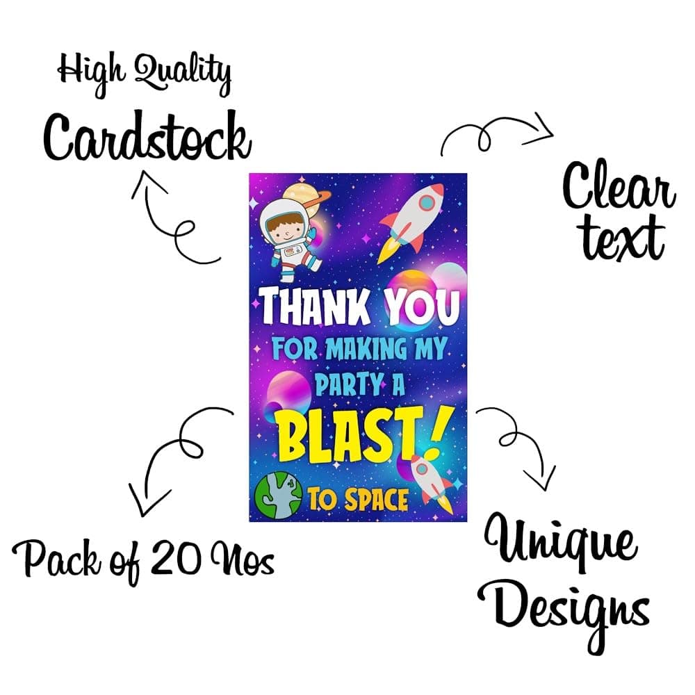 Balloonistics Space Theme Thank You Cards for Return Gifts Premium Cardstock Party Notes Birthday Supplies for Kids (Thank you Cards - Pack of 20) thumbnail 5