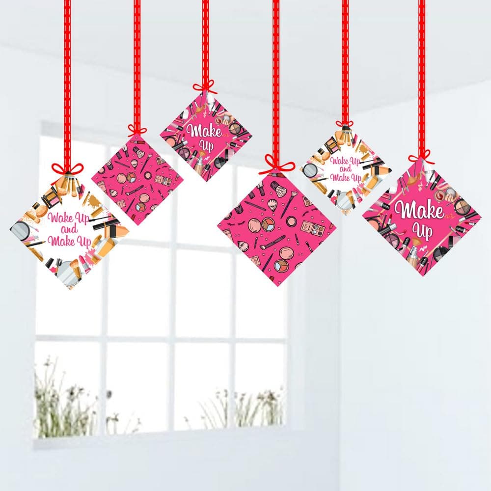 Balloonistics Makeup Theme Happy Birthday Hanging Decorations - Pack of 12 Double-Sided Cardstock Cutouts with Ribbons - Glamour & Cosmetics Party Ceiling Decor, Spa Day & Salon Theme Room Accents (Hangings - Pack of 12)