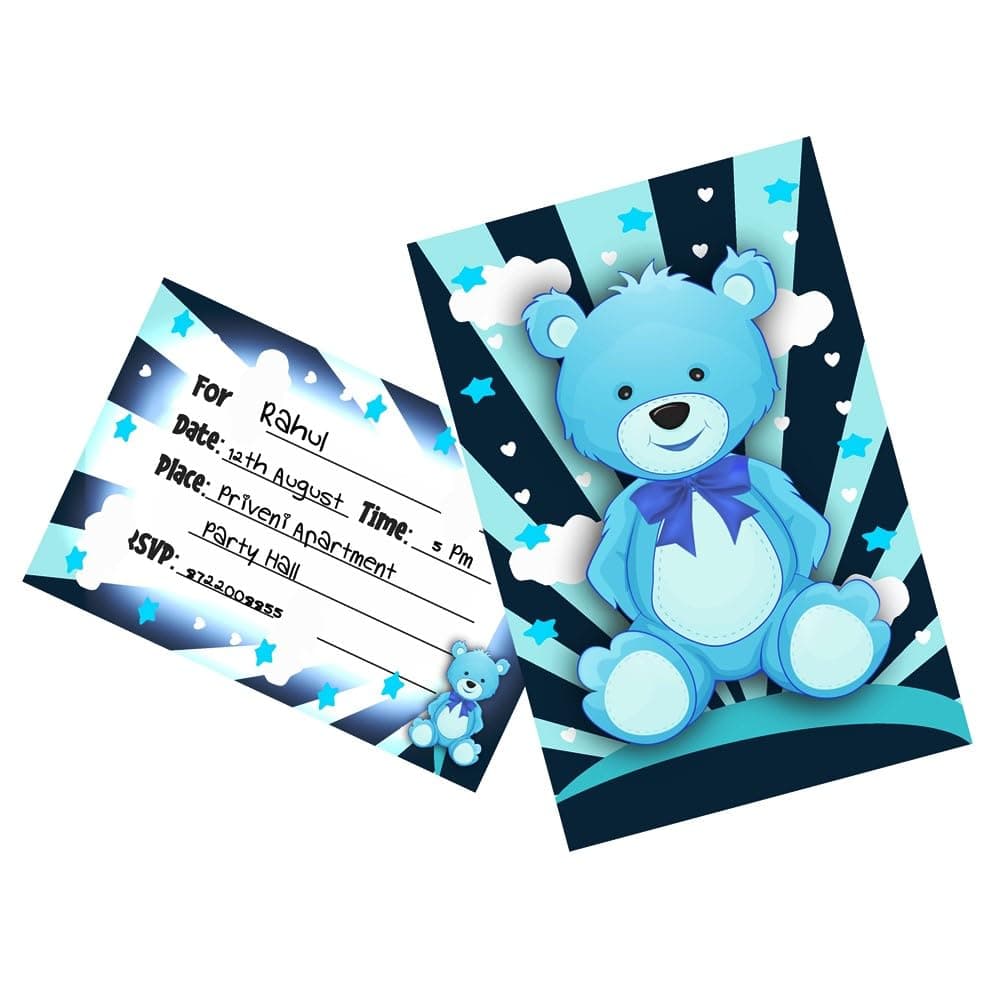 Balloonistics Blue Teddy Bear Birthday Invitation Cards - Pack of 10 Premium Cardstock Invites with Envelopes - Double Sided Printing, Cute Cuddly Bear Theme for Boys’ Birthday Parties and Kids' Celebrations (Invite Cards - Pack of 10)