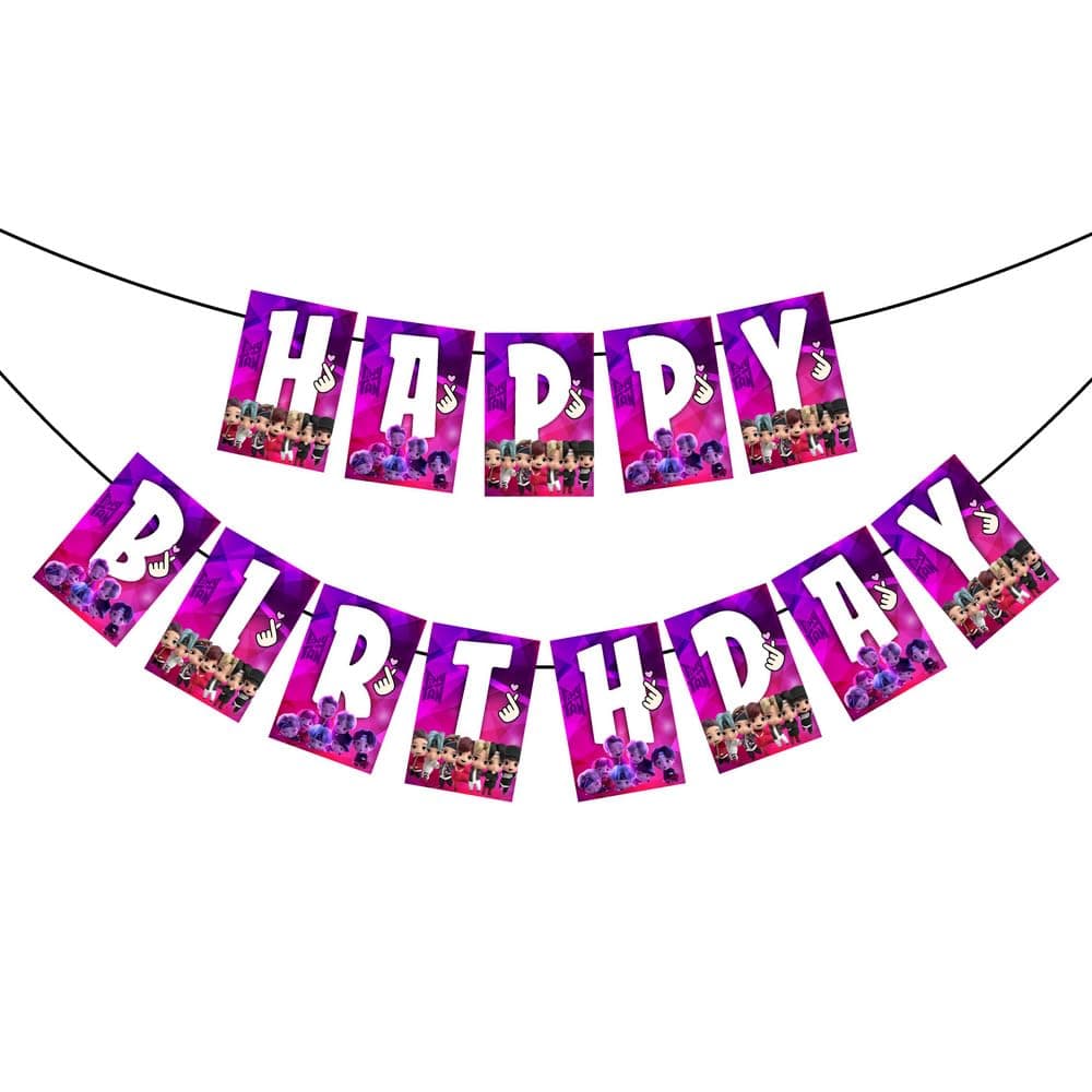 Balloonistics TinyTan Happy Birthday Banner - Large Cardstock Chibi K-Pop Bunting - Purple BTS Inspired Party Decorations featuring RM, Jin, SUGA, j-hope, Jimin, V, and Jung Kook (Happy Birthday Banner) thumbnail 2