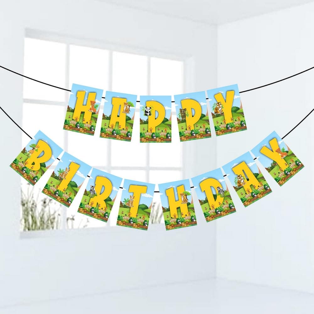 Balloonistics Zoo Theme Happy Birthday Banner - Large Cardstock "Wild One" Bunting with Lion, Giraffe & Monkey Designs - Jungle Safari & Animal Kingdom Party Decorations (Happy Birthday Banner)