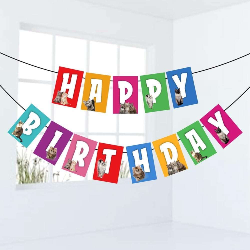 Balloonistics Cat Theme Happy Birthday Banner - "Meow" Kitten Party Bunting - Premium Cardstock Whiskers & Paw Prints Birthday Decoration with Ribbons, Cute Kitty Cat Feline Backdrop thumbnail 1