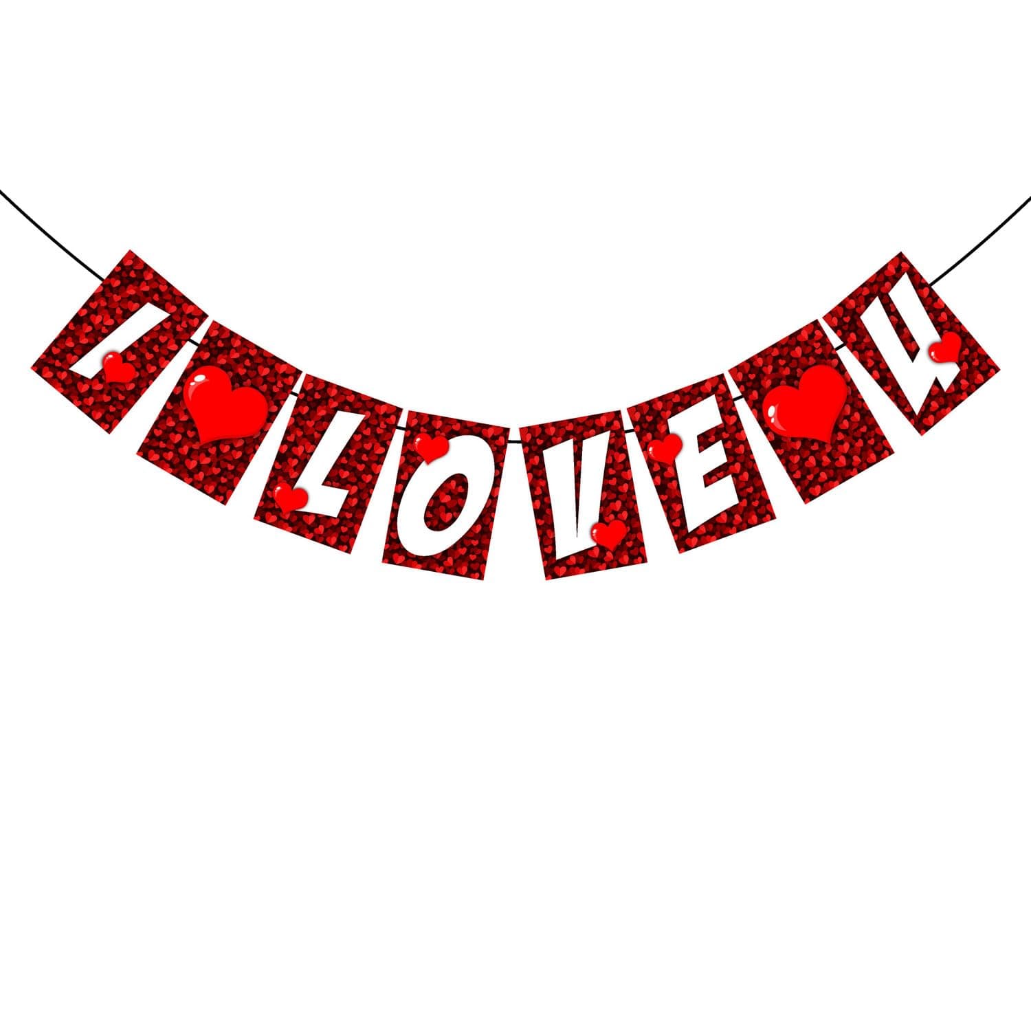 Balloonistics I Love U Banner - Red Glitter Heart Cardstock Bunting - Romantic Anniversary, Proposal & Valentine’s Day Decorations, "I Love You" Love-Themed Backdrop thumbnail 3