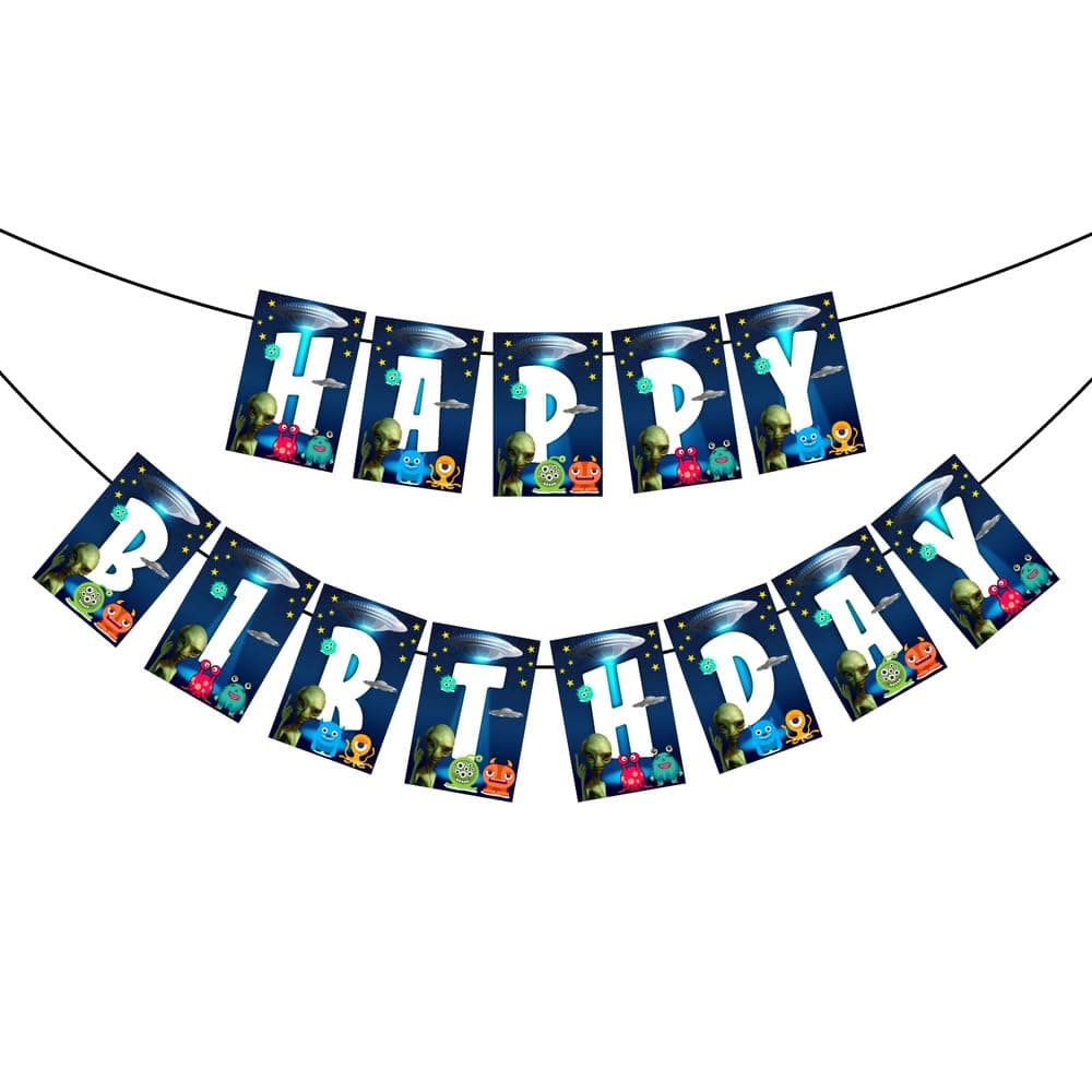 Aliens Theme Happy Birthday Banner - Out of This World Galaxy & Outer Space Cardstock Bunting - Extraterrestrial, UFO & Martian Party Decorations, "We Come in Peace" Backdrop (Happy Birthday Banner) thumbnail 1