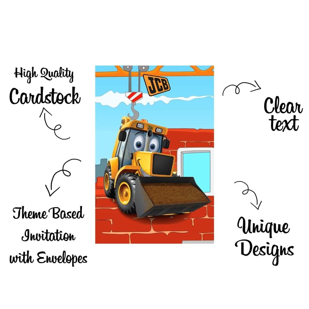 Balloonistics Little JCB Happy Birthday Invitation Cards - Pack of 10 Construction Theme Party Invites - Premium Cardstock "Dig In" Fill-in Invitations, Yellow Excavator & Digger Birthday Supplies (Invite Cards - Pack of 10) thumbnail 5