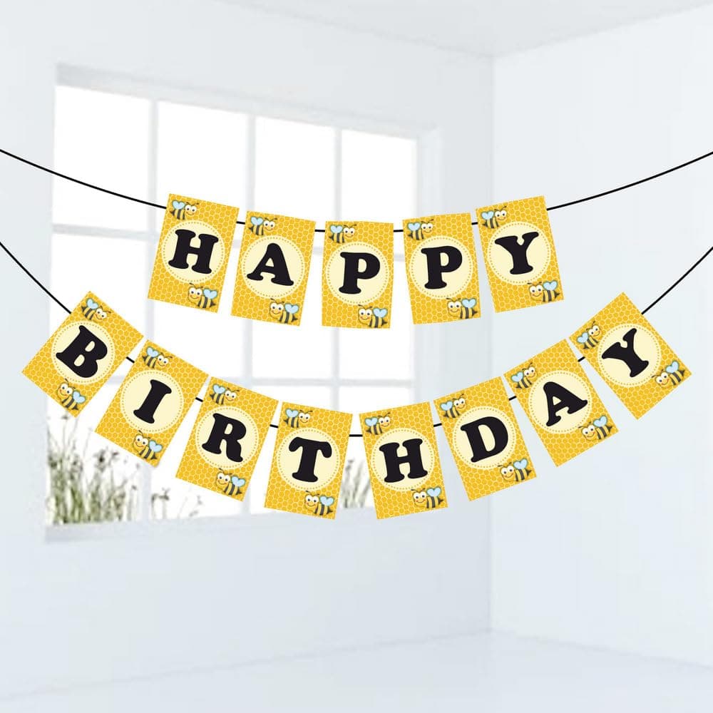 Balloonistics Honey Bee "Happy Birthday" Banner Premium Cardstock Honey Bee Theme Party Decorations Double-Sided Kids Birthday Backdrop Sign for Kids (Happy Birthday Banner) thumbnail 1