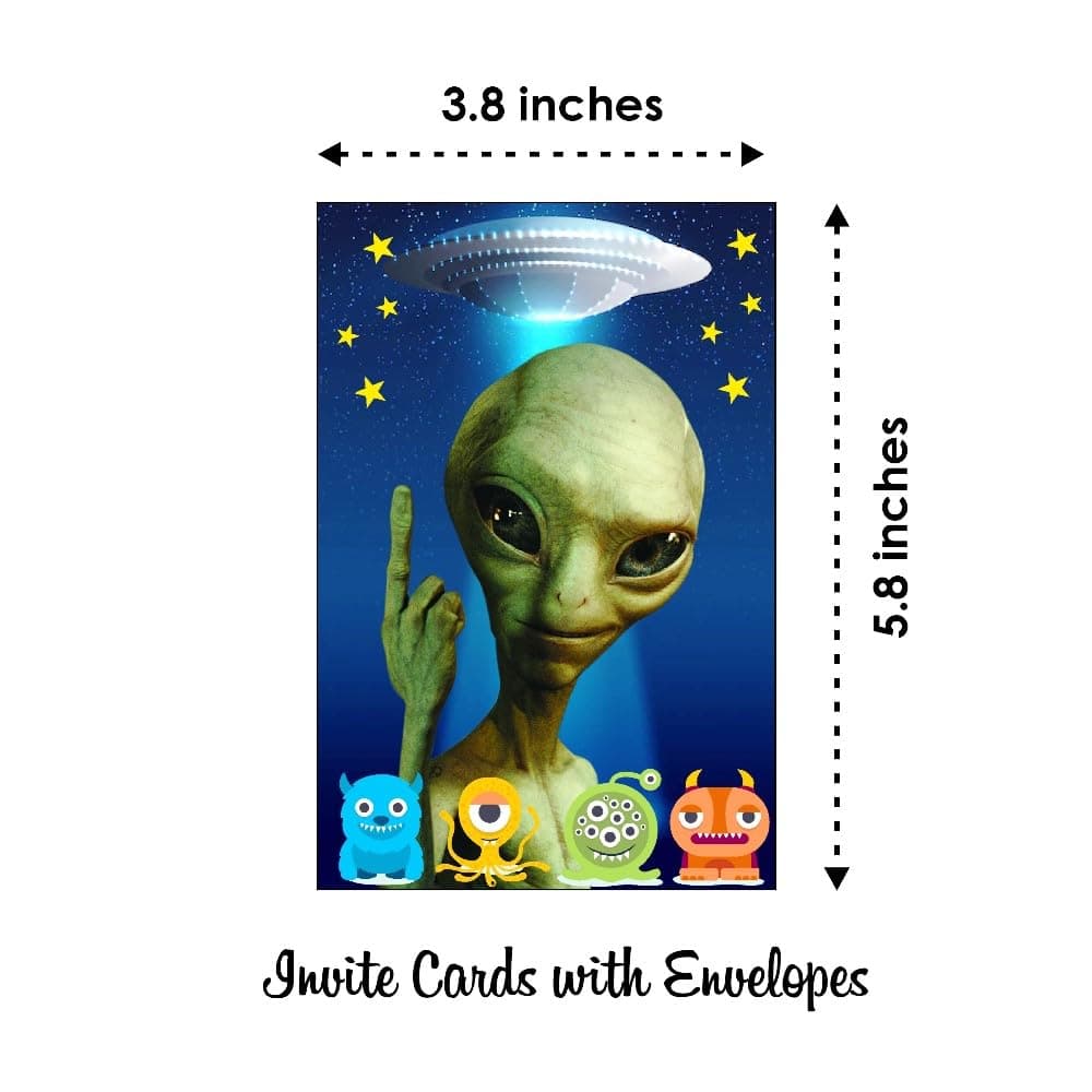 Balloonistics Aliens Theme Birthday Invitation Cards - Pack of 10 Out of This World Galaxy & Outer Space Invites with Envelopes - Double-Sided Cardstock Fill-in Invitations for Kids & Adults, UFO & Martian Party Supplies (Invite Cards - Pack of 10) thumbnail 6