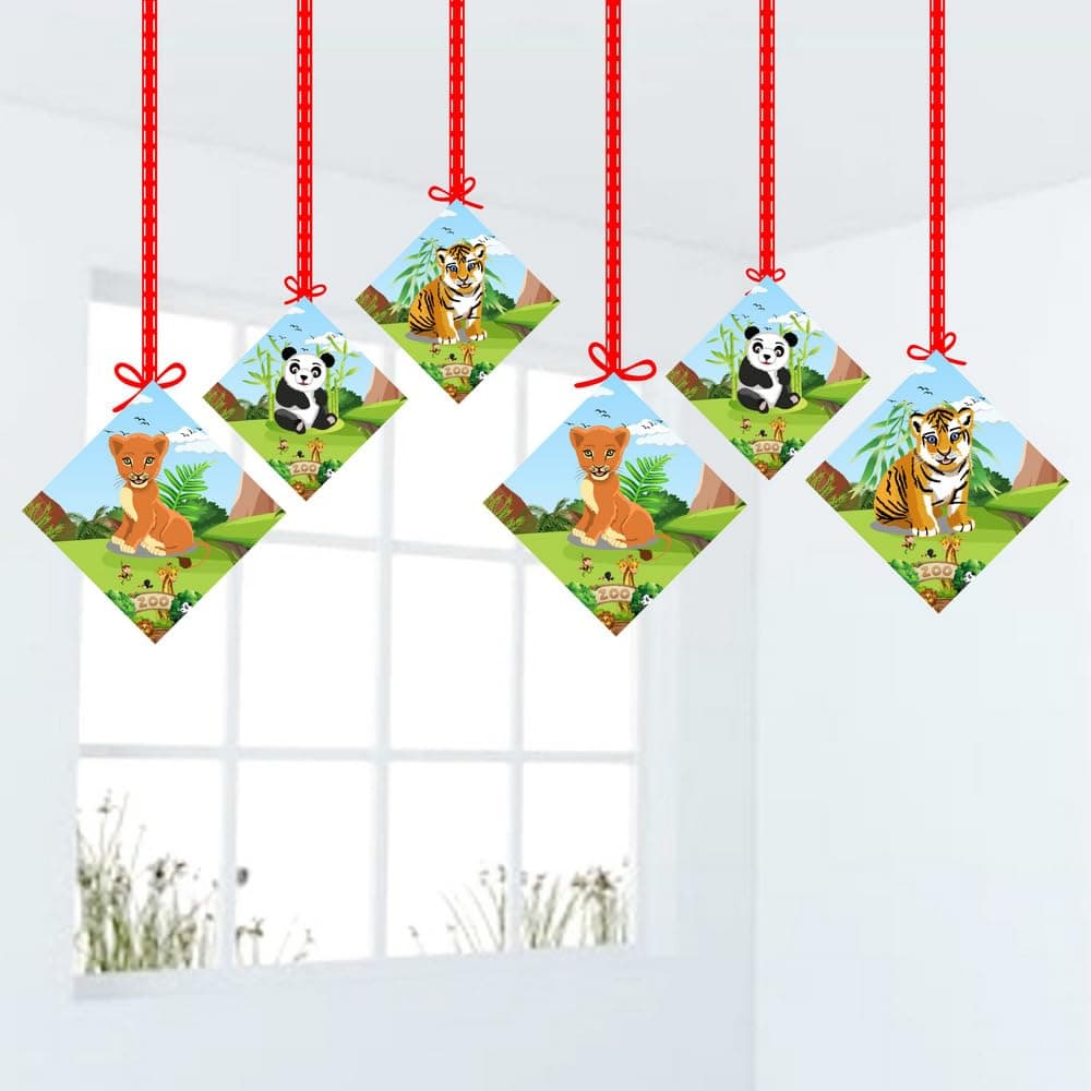 Balloonistics Zoo Theme Hanging Decorations - Pack of 12 Double-Sided Cardstock Animal Cutouts with Shimmering Foil Swirls - Lion, Elephant, & Zebra Jungle Safari Party Supplies (Hangings - Pack of 12) thumbnail 1