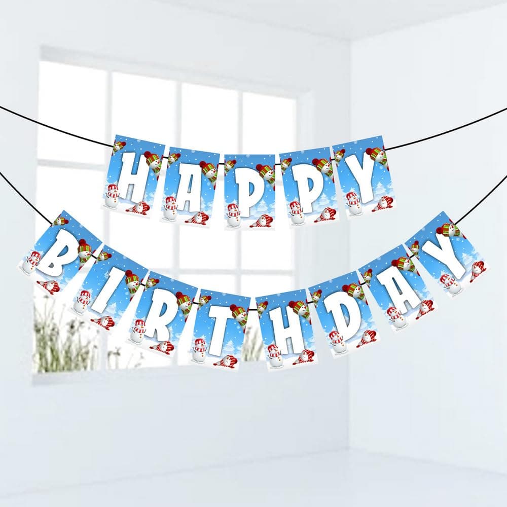 Balloonistics Snowman Happy Birthday Banner - Premium Cardstock Winter Wonderland Bunting - Frosty Theme Party Decorations, Kids Seasonal Birthday Backdrop, Snow Theme Indoor & Outdoor Hanging Sign (Happy Birthday Banner) thumbnail 1