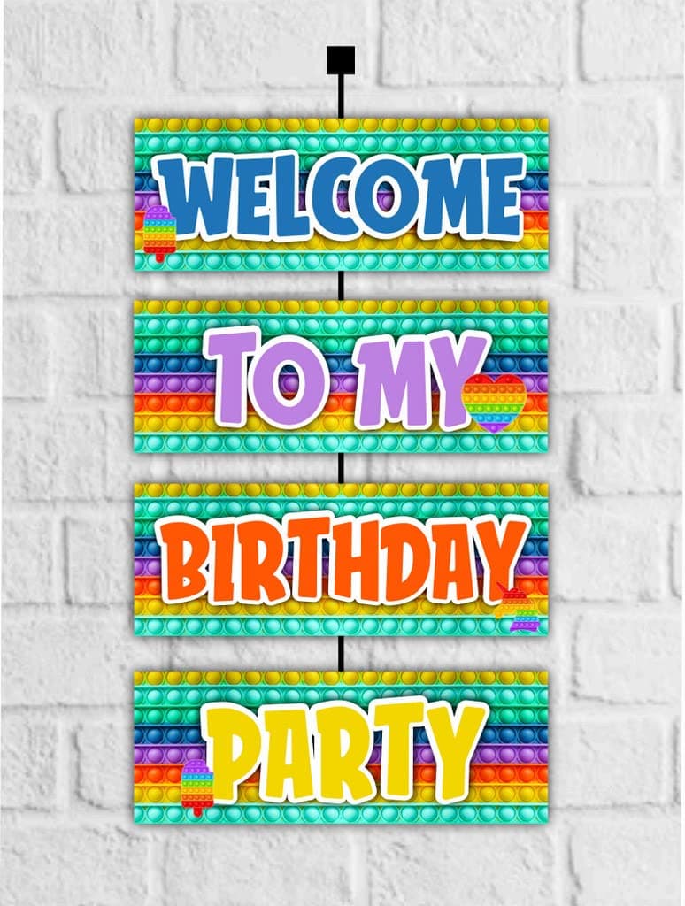 Balloonistics Pop It Theme Happy Birthday Welcome Board - Vibrant Cardstock Door Sign for Indoor & Outdoor Party Decor - 2.3 Feet Large Fidget Toy Theme Backdrop, Includes Hanging Ribbons (Welcome Outdoor Board)
