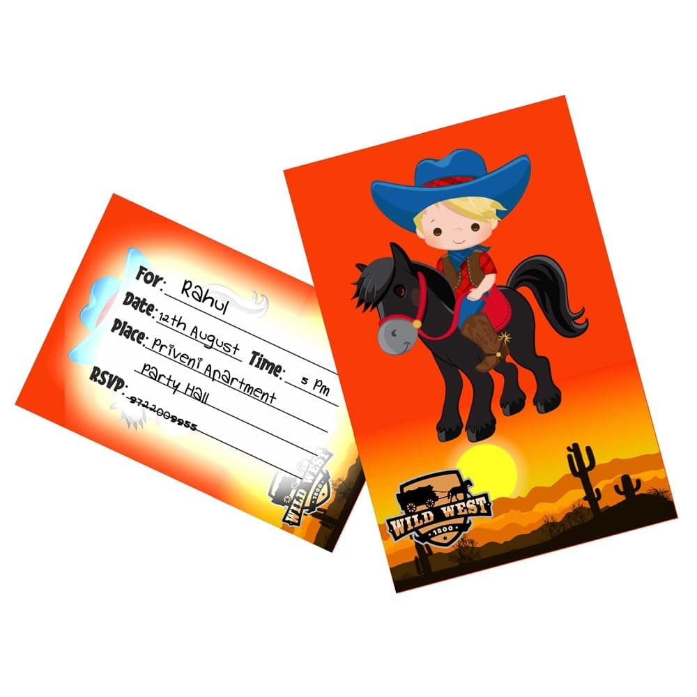 Balloonistics Cowboy Theme Happy Birthday Invitations - Pack of 10 Wild West Party Invites with Envelopes - Premium Cardstock Double-Sided "Wanted" Poster Style Stationery, Rustic Sheriff Badge & Boot Birthday Invites (Invite Cards - Pack of 10)