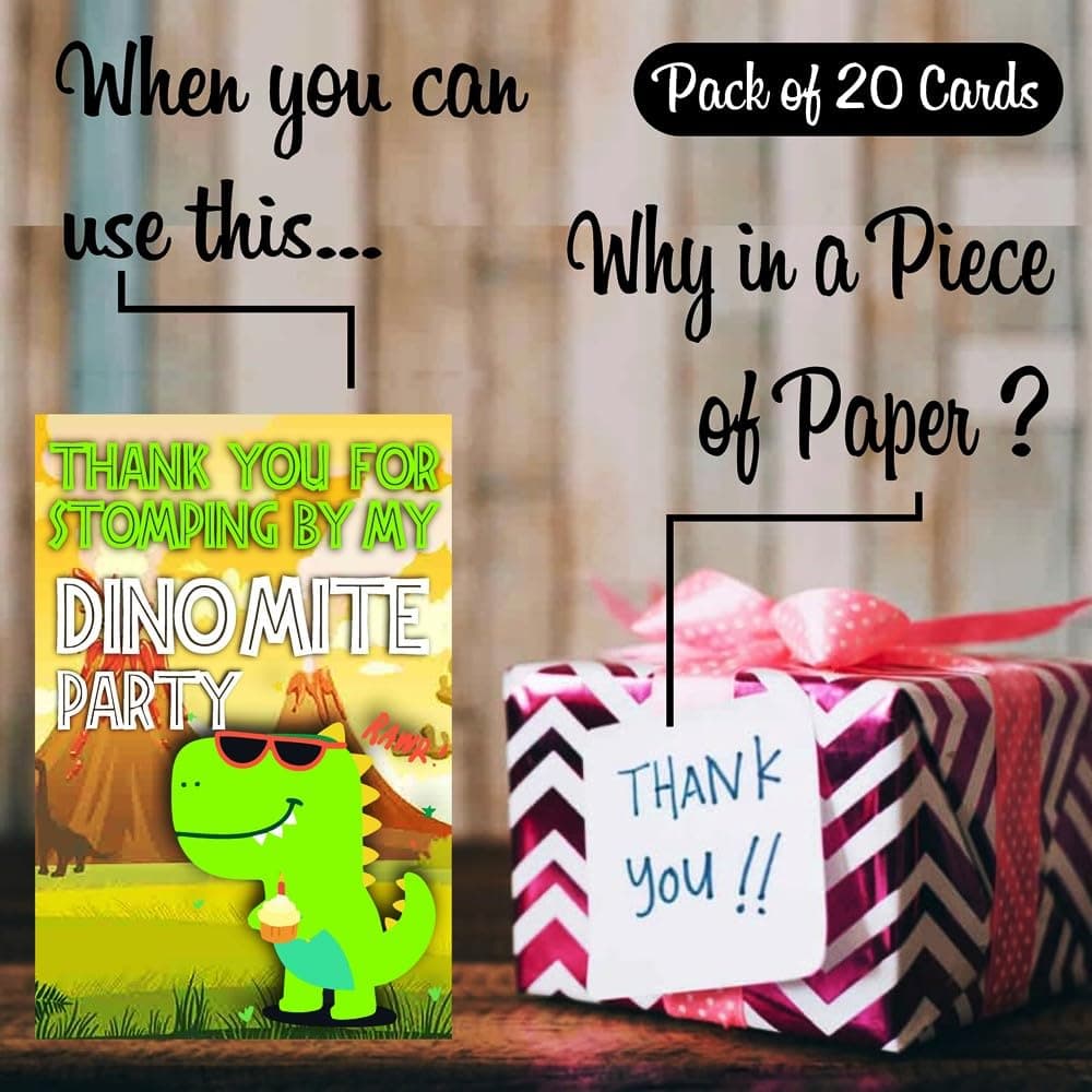 Balloonistics Dinosaur Theme Thank You Cards Premium Cardstock Return Gift Notes for Kids Birthday Party with "Thank You" Message (Thank you Cards - Pack of 20) thumbnail 2