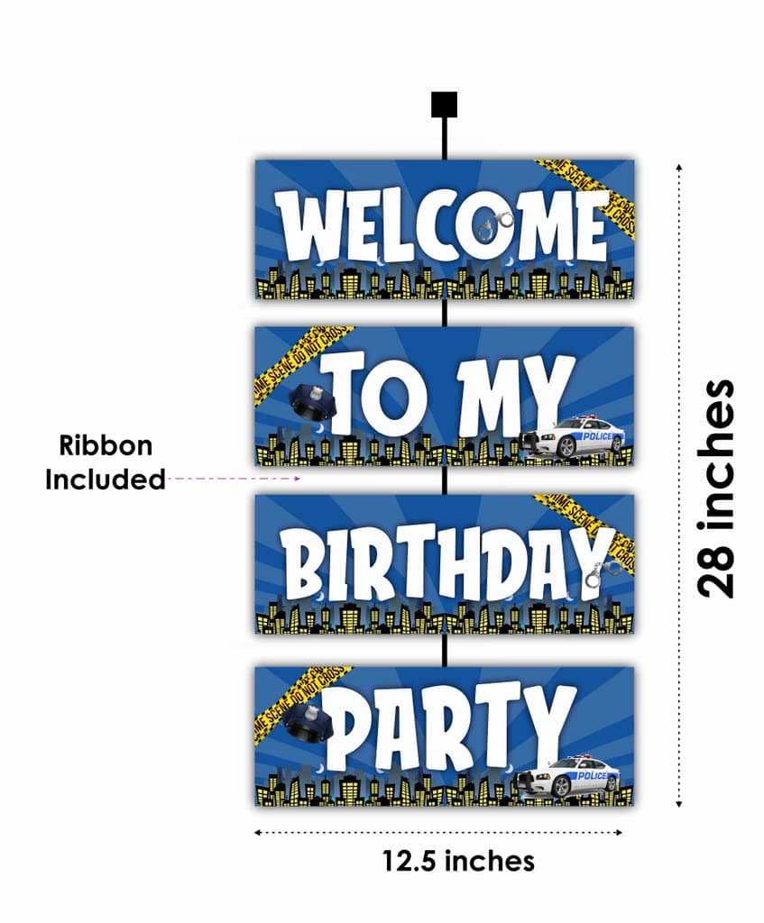 Balloonistics Police Birthday Welcome Board - 2.3 Ft Large Cardstock Law Enforcement Party Sign - Hero Theme Indoor & Outdoor Entrance Decoration, Cop Car & Badge Welcome Display with Ribbons (Welcome Outdoor Board) thumbnail 2