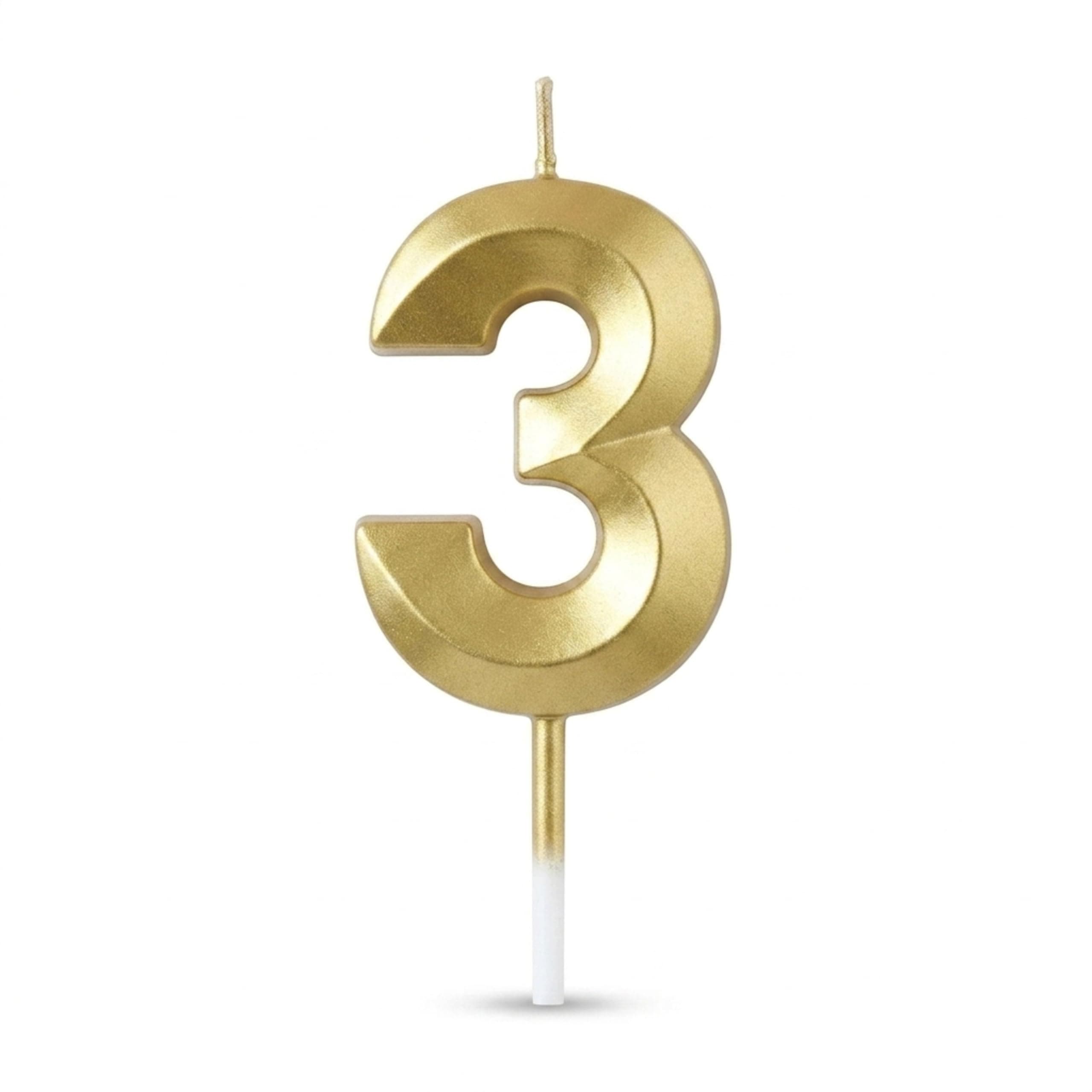 Balloonistics Gold Number 3 Birthday Candle - 3D Metallic Cake Topper for 3rd Birthday, Anniversary, Party Decoration, Photo Cake Table Decor thumbnail 1