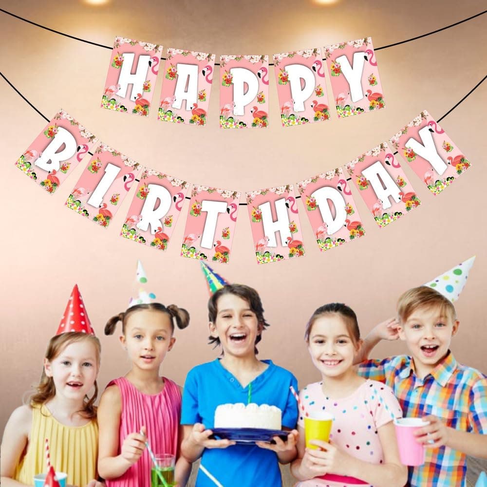 Balloonistics Flamingo Theme Happy Birthday Banner - "Let’s Flamingle" Tropical Bunting - Premium Cardstock Pink Flamingo & Palm Leaf Decoration with Ribbons, Summer Luau & Pool Party Backdrop (Happy Birthday Banner) thumbnail 3