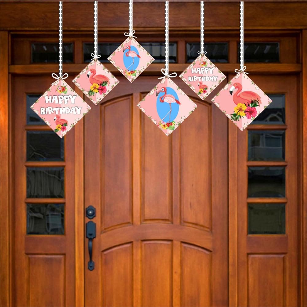 Balloonistics Flamingo Theme Hanging Decorations - Pack of 12 Tropical Luau Party Hangings - Premium Cardstock Pink Flamingo, Palm Leaf & Hibiscus Cutouts with Strings, Summer Birthday & Pool Party Decor (Hangings - Pack of 12) thumbnail 3